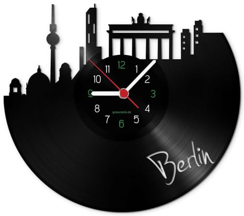 GRAVURZEILE Schallplattenuhr - Skyline Berlin - Wanduhr aus gegossenem Vinyl mit Stadt Skyline - 30 cm - Upcycling Designer Uhr - Moderne Wanduhr im Retro Vintage Style - Made in Germany