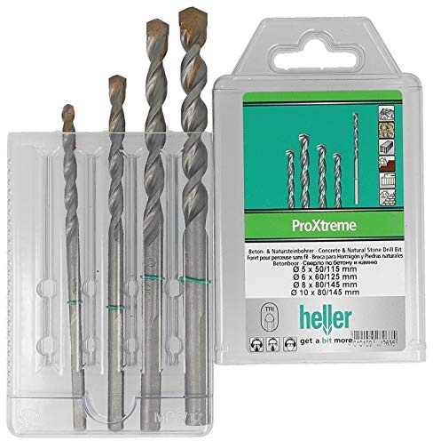 Heller Tools 3750 ProXtreme Schlagbohrer für Beton und Naturstein, Set 4-teilig 5/6/8/10 mm, steinbohrer set, bohrer set beton, betonbohrer, akkuschrauber