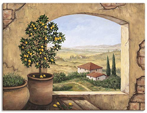 ARTLAND Wanddeko Leinwand Bilder Wandbild 120x90 cm Fensterblick Fenster Toskana Italien Landschaft Aussicht Malerei T5ZG