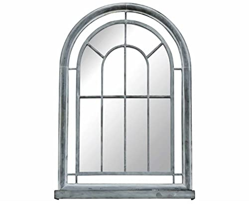 CHARLES BENTLEY Decorative, Rustic, Large, Outdoor, Berlin Arch Mirror, Window Design, Rust Proof, Water Resistant, Wall Mounted, Shatterproof, 4mm Glass Thickness, Grey, Hanging Hook (75x51x11cm)