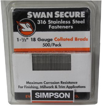 Simpson Strong-Tie T18N150FNB Straight, Adhesive Collation, T-Style Head, 18-Gauge Brads — 1-1/2 in. Type 316 (500-Qty)