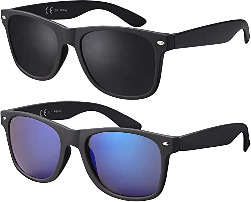 La Optica B.L.M. Sonnenbrille Herren Damen UV400 Festival JGA Party Rave Retro Brille - Set Rubber Schwarz, Gläser: Grau, Blau Verspiegelt