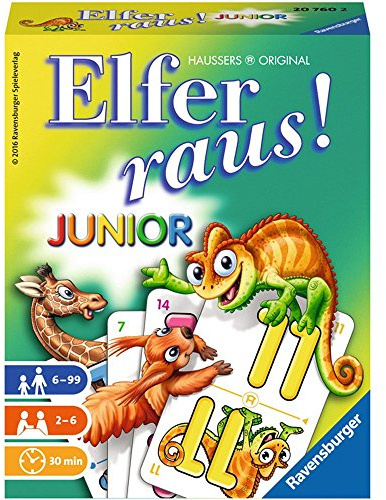 Ravensburger - 20760 Elfer Raus! Junior - Gesellschaftsspiel für 2-6 Spieler, Spiel ab 6 Jahren für Kinder und Erwachsene, Zahlenraum 1-21