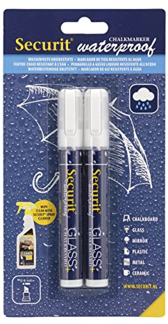 SECURIT - Set Da 2 Pennarelli A Gesso Liquido Resistenti all'Acqua - Per Lavagne, Vetro, Metallo, Porcellana, Specchio, Plastica - Punta Media 2-6mm - Colore Bianco