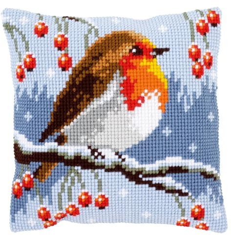 Vervaco Cross Stitch Kit: Cushion: Red Robin in The Winter, COTTON, NA, 40 x 40cm