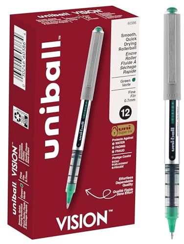 Uniball Vision Rollerball Pens, Green Pens Pack of 12 - 0.7mm Fine Point Medium Ink - Japanese Pens, Smooth Writing Pens, School & Office Supplies
