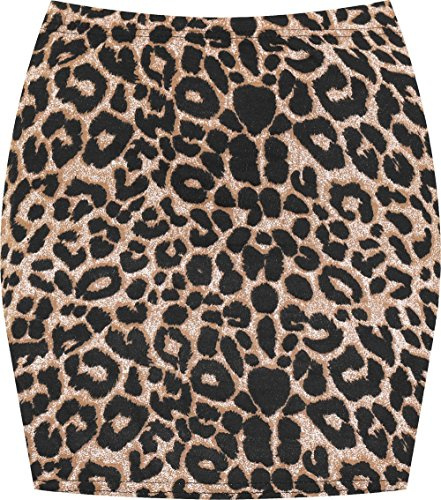 WearAll Womens Print Ladies Stretch Bodycon Elasticated Jersey Short Mini Skirt - Brown Leopard - 8-10