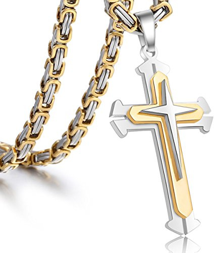 Trendsmax Mens Cross Pendant Necklace Stainless Steel Gold Silver Byzantine Chain 22inch