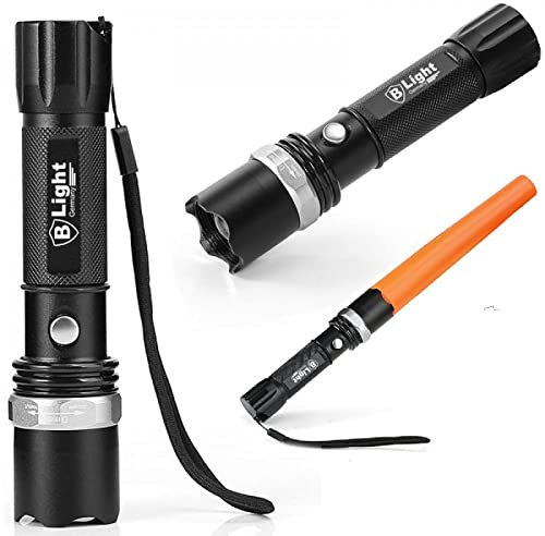 Lampe torche rechargeable à LED - Puissante - portée de plus de 200 m - 3 modes et Zoom + batton orange