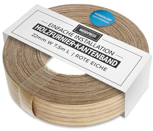 WoodPress® 22 mm Bois de Chêne Véritable Bande de Chant en Placage Préencollé – Rouleau de 7,5 m – Application à Repasser facile à faire soi-même, couvre le bord d'un panneau MDF standard