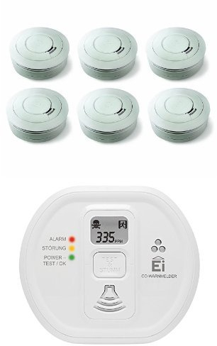 Ei Electronics Ei650 10-Jahres-Rauchwarnmelder, weiß, 6 Stück + Ei208D 10-Jahres-Kohlenmonoxidwarnmelder, weiß, 1 Stück