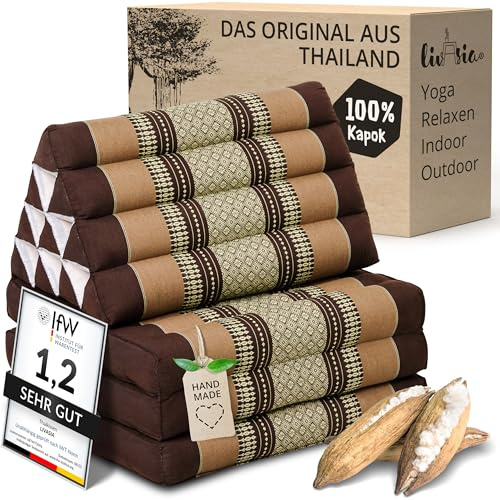 livasia Thaikissen mit 3 Auflagen - 175x50x8cm - Dreieckskissen mit Klappmatratze, Keilkissen Kapok, Rückenkissen faltbar, Thaimatte zum Klappen, handgefertigt, Meditationskissen (Braun)