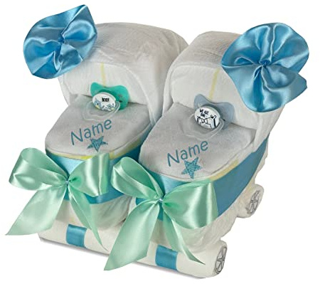 dubistda -WINDELTORTEN- Gâteau de couches Poussette jumelle bleue - Cadeau pour jumeaux - Poussette pour garçons | Personnalisé avec nom - 40 couches Premium Protection - Taille 2