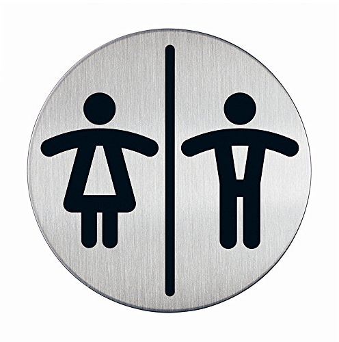 Durable Türschild Picto rund (WC Damen und Herren, 83 mm) metallic silber, 492023 | Piktogramm aus Edelstahl, kratzfester Druck, selbstklebend mit Klebepad, Durchmesser 8.3 cm, metallic
