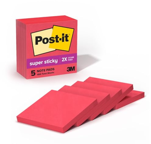 Post-it Super Sticky - Notas adhesivas, color rojo (7,6 x 7,6 cm, 5 bloques por paquete)