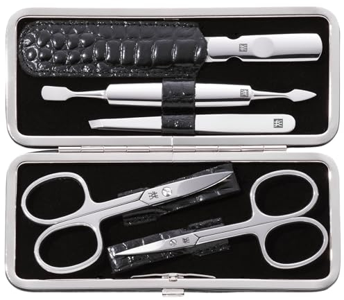 ZWILLING Maniküre-Set (5 teilig, für Pflege der Finger- und Fußnägel, Echtleder Etui mit Metallrahmen), Edelstahl Poliert, Kroko Edition, Schwarz