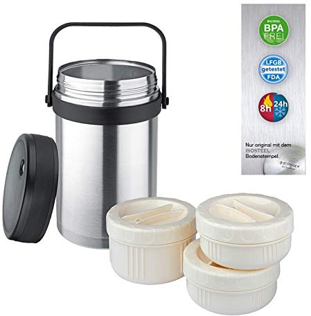 Isosteel, Contenitore alimentare sottovuoto, 1,5, litri, in acciao INOX 18/8 con impugnatura e 3 contenitori in plastica, adatti a microonde e lavastoviglie