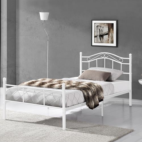 [en.casa] Metallbett Florenz 120x200 Weiß mit Lattenrost Jugendbett Bett Metall Bettgestell