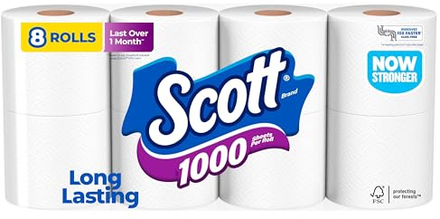 Scott 1000 Toilet Paper, 8 Rolls, Septic-Safe, 1-Ply Toilet Tissue