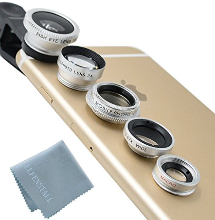 Elfenstall 5 in 1 Clip-On Kamera Adapter Optische Weitwinkelobjektiv FishEye Fischauge Objektiv Linse & Micro Objektiv Linsen - Fischaugenobjektiv + Weitwinkel + Mikroobjektiv + 2X EXT Barlow + CPL Polfilter für ihr Smartphone Handy oder Tablet - Universal Clip für Apple Iphone 4 / 4S / 4G / 5 / 5G / Apple I phone 6 / Iphone 6 plus / Iphone7 - Samsung Galaxy Tab 3 10.1 (Wi-Fi) GT P5210 Samsung Galaxy Note PRO SM-P900 in der Farbe (silber)