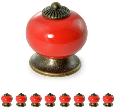 Ganzoo Türknauf und Schrankknopf, Möbelknöpfe Set 8 Stück rot, Porzellan/Keramik im Vintage Shabby Landhaus Antik Look, für Schubladenfront und Schranktür, Durchmesser 32 mm, Tiefe 23 mm, bis 18 mm