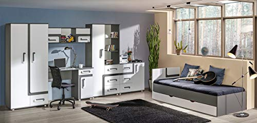 QMM TraumMoebel Jugendzimmer Kinderzimmer komplett Alex Set E Farbauswahl Fronten weiß Schrank Schreibtisch Standregal Kommode Wandregal Bett 90x200 mit Schublade NEU