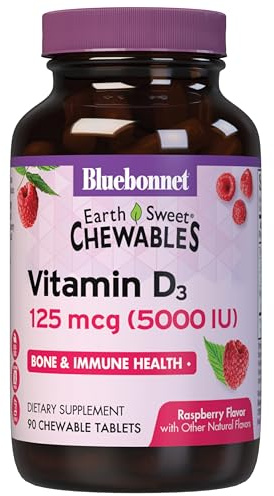 Bluebonnet Nutrition Earth Sweet Vitamin D3 5000 IU Chewable Tablets, Aids in Muscle & Skeletal Growth, Non GMO, Gluten & Soy & Milk Free, Kosher, Raspberry, White, 90 Count