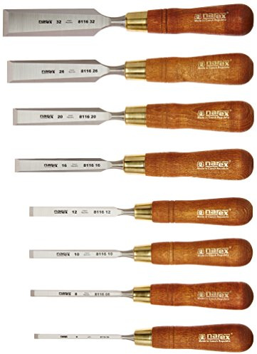 Narex (Made in Czech Republic) Premium 8 pc set 6 (1/4), 8 (5/16), 10 (3/8) 12 (1/2), 16 (5/8) 20 (11/16) , 26 (1 1/16), 32 (1 1/4) mm Chisels w/ Hornbeam Handles by Narex