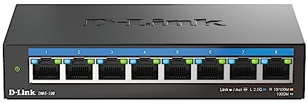 D-Link DMS-108 8-Port 2.5G Multi-Gigabit Unmanaged Desktop Switch with 8 2.5 Gigabit Ports, Fanless, Low Profile, Compact, Metal Housing, QoS, Plug and Play