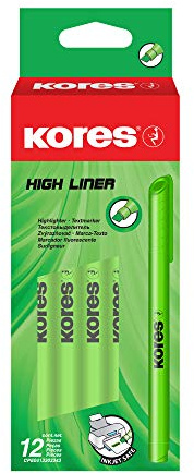 Kores - Rotuladores fluorescentes verdes finos – Juego de rotuladores resaltadores de tinta a base de agua con forma ergonómica, 1-4 mm – Suministros de papelería, suministros de oficina – Juego de 12