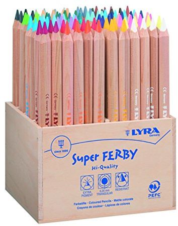 LYRA Super Ferby® natur Farbstifte, Holzaufsteller 96 Stifte | Holzbuntstifte, dreikant, natur, Mine 6,3mm, sortierte Farben