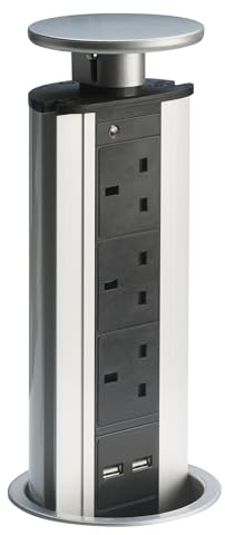 Leyton Lighting Pop-up socket power supply port 3 x UK plug sockets & 2 x USB (silver)