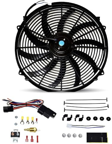 A-Team - Juego de termostato y ventilador para radiador eléctrico con hoja ancha en forma de S de alto rendimiento, de 16 pulgadas, 3000 CFM, con empuje reversible con kit de montaje. Modelo 14041.