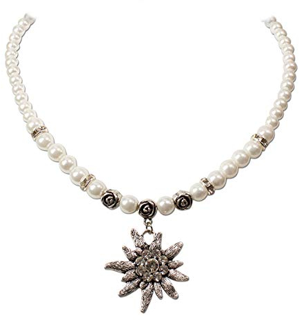 Heimatflüstern Trachtenkette Strass-Edelweiß & Perlen - Damen Perlenkette, Dirndlkette fürs Oktoberfest, Trachtenschmuck Kristallstein Edelweiss zur Trachtenbluse und Lederhose (creme-weiß)