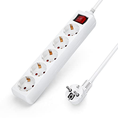 Aigostar Regleta alargador de 5 enchufes con Cable de 3 Metros e Interruptor. Color Blanco