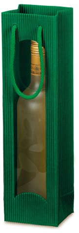 Present Fill 10 x 1er Flaschentasche - Focus, Weinverpackung Welle Grün mit Fenster 100 x 85 x 360 mm