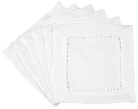CleverDelights 6 White Cotton Hemstitch Cocktail Napkins - 12 Pack - 100% Cotton