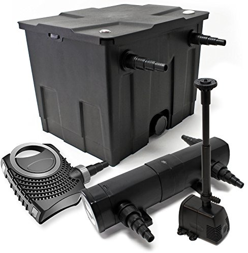 Wiltec Komplettset: CBF-350 Teichfilter bis 12000 L Teichfilteranlage, NEO10000 Teichpumpe 10000l/h 80W, CUV-218 Teichklärer 18W, 25m Teichschlauch 25 mm, HJ-943 Springbrunnen 800l/h 16W