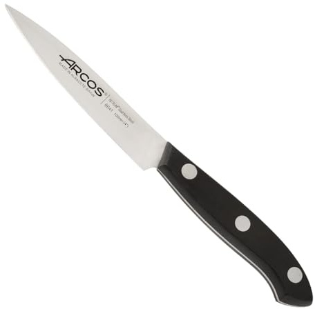 Arcos Cuchillo Pelador de 10 cm para Frutas y Verduras | Hoja de Acero Inoxidable NITRUM con Borde de Seda | Mango Ergonómico de Madera de Encina | Para pelar frutas y verduras. Mango ergonómico de polipropileno. Serie Bolonia. Color negro.