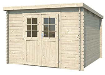 Woodtex Holz Gartenhaus Blockbohlenhaus CA2974 | Wandstärke 28 mm | Naturbelassen | B x T x H: 298 x 259 x 203 cm | Doppeltür mit Echtglas