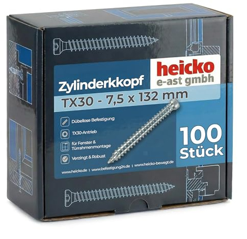 heicko Fensterrahmenschraube 7,5x132 mm Zylinderkopf TX30 | 200 Stück | Betonschrauben Montageschraube ohne Dübel | verzinkt blau
