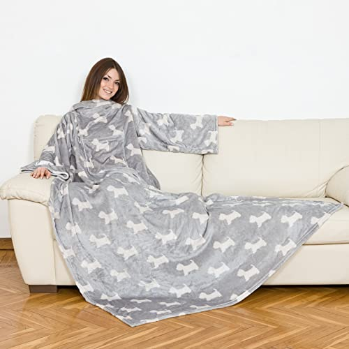 Kanguru Kuscheldecke mit ärmeln, Sofa Decke zum anziehen 210x140 cm, mit zentrale Tasche, weiche Flannel mikrofaser, tv tagesdecke, fleecedecke, tragbare und Oversize GRAU Weiss Hundchen