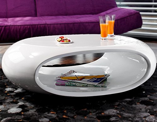 SalesFever Couch-Tisch Hochglanz weiß oval 100x70 cm aus Fiberglas | Ofu | Moderner Wohnzimmer-Tisch in Weiss mit Trendiger Optik durch High-Gloss Oberfläche 100cm x 70cm