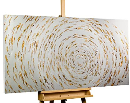 KunstLoft Leinwandbild | 100% HANDGEMALT | 140x70cm | Gemälde 'Im Teich' | Fische & Meerestiere | Gold Beige | Wandbild Wohnzimmer