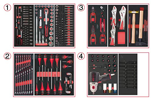 KS Tools 714.0263 - Composition d’Outils pour Servante d’Atelier Complète - 4 Tiroirs pour Servante - Outillage Mécanique et Bricolage avec Empreinte en Mousse Découpée au Laser - 263 Pièces