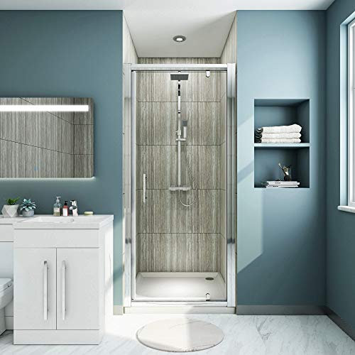 ELEGANT 900x700mm Pivot Shower Door Framed Piovt Hinge Shower Enclosre 6mm Safety Glass Reversible Bathroom Shower Cubicles Panel + Stone Shower Tray with 90mm Waste