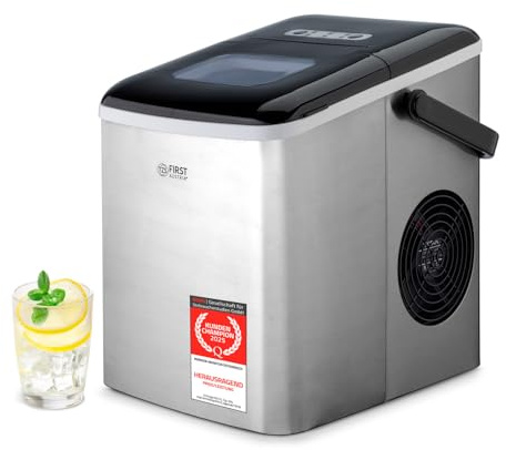 TZS First Austria - Eiswürfelbereiter 1,8L - 120W - 9 Würfel in 7-9 Min - Würfel S/L - 12kg/24h Kapazität - Eismaschine mit abnehmbarem Korb - LED Bedienpanel & tragbarer Griff - Edelstahl