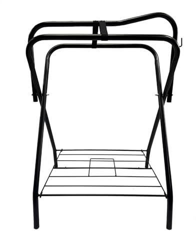 AJ Tack Saddle Rack Portable Folding Full Size Saddle Stand, Powder-Coated Steel, No Assembly Required, Double Support Straps, Barn & Trailer Storage Single