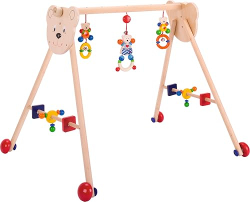 HEIMESS 739474 - Baby-Fit Greif- und Spieltrainer aus Holz, 2 in 1 inkl. Rollen als Lauflernhilfe, Spielbogen in goki Qualität Made in Germany, 3 Fach höhenverstellbar Herzbär Motiv, 67 x 55 x 53cm