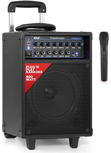 Pyle Portable PA System Speaker with Microphone 400W 8 Inch Black – Karaoke Bluetooth Party Speaker with Wireless Mic, Rechargeable Battery for Events DJ Use